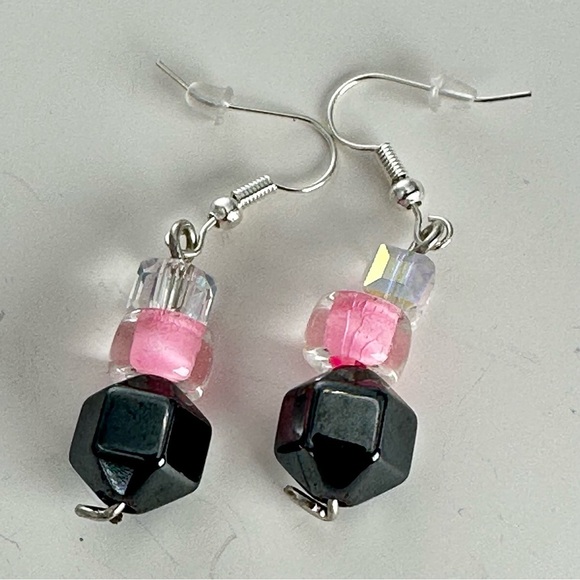 AB Glass crystal Bead Earrings hematite and pink Glass Handmade Earrings 3476 P - Picture 6 of 6